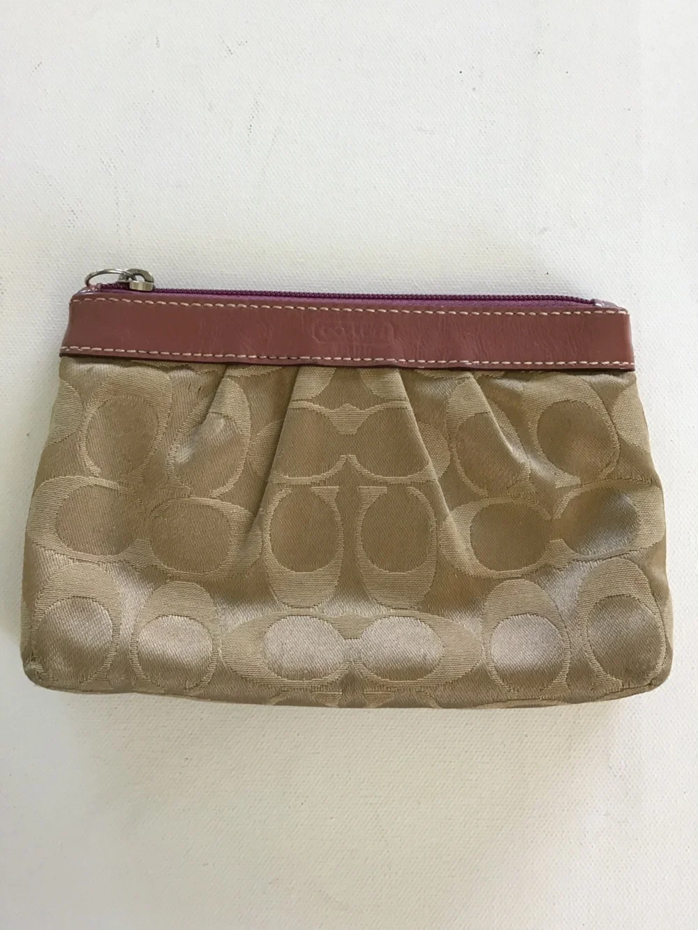 Coach Signature Canvas Zip Cosmetic Pouch Makeup Bag Khaki Mauve